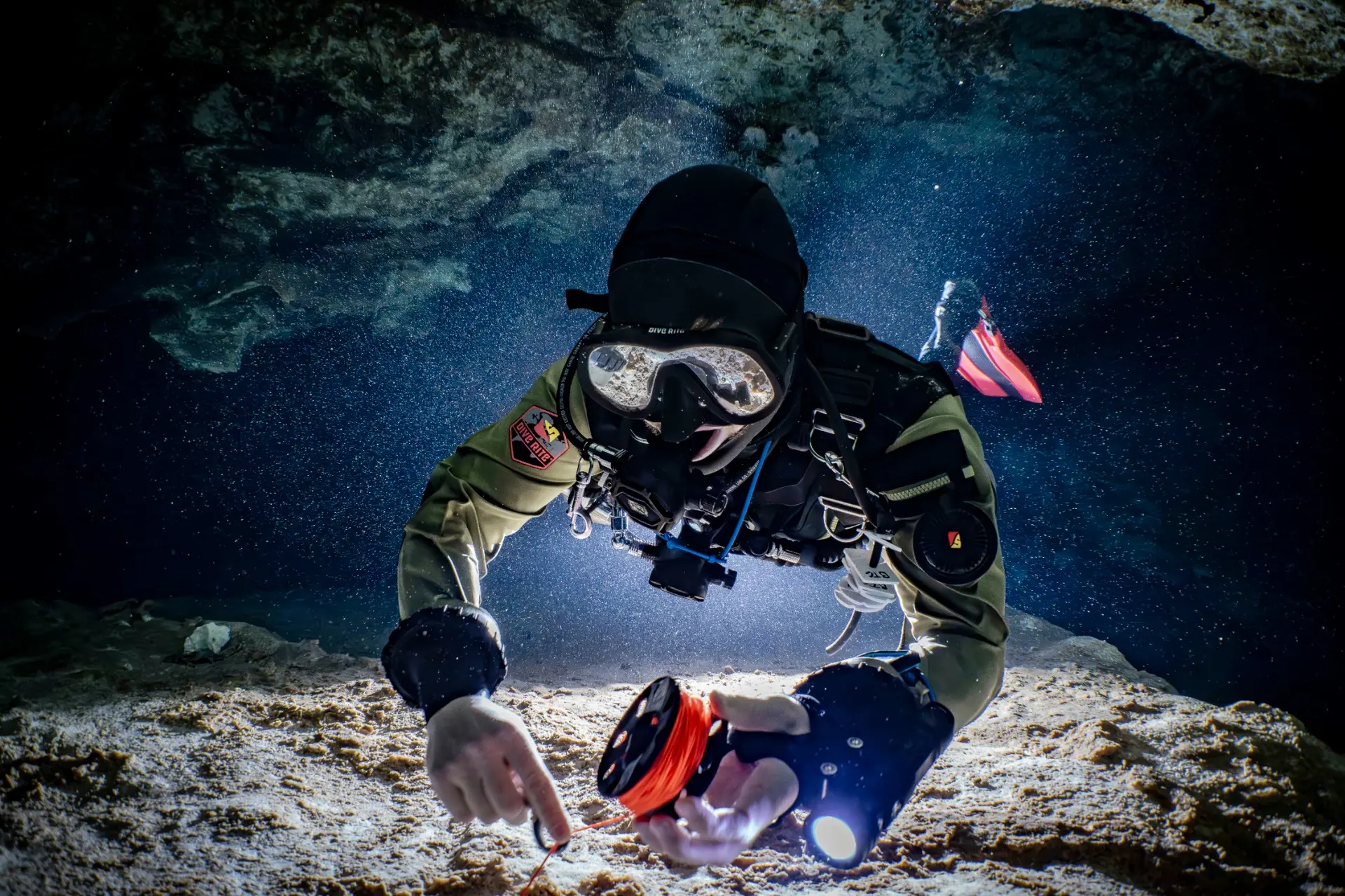 Cave diver practicing structured line-work skills